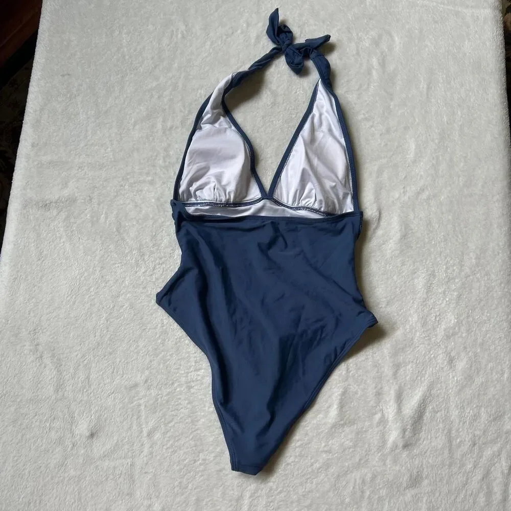 Navy blue halter neck one piece swimsuit with ruching women's medium like new